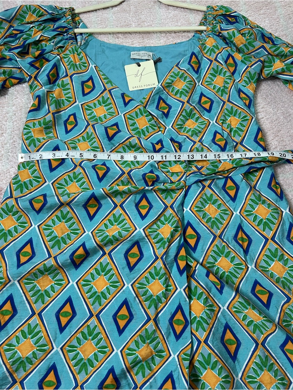 Dress Forum Aqua and Green Geometric Wrap Mini Dress Size Large NWT Vacation - Picture 10 of 14